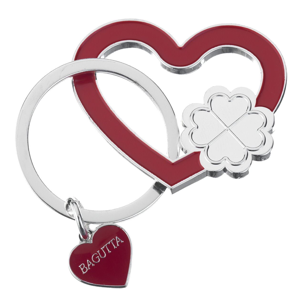 PORTACHIAVI SILVER PLATED CUORE SMALTATO ROSSO E QUADRIFOGLIO